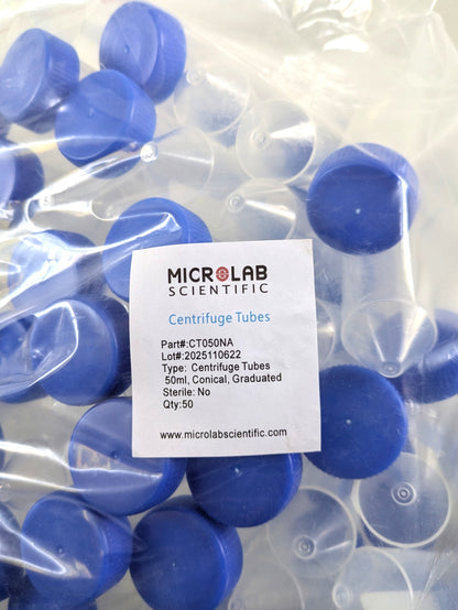 MLS Plastic Centrifuge Tube, 50mL, Conical, Non-Sterile, Leak-Proof - Pack of 50 Each!