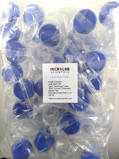 MLS Centrifuge Tube, 50mL, Conical, Sterile, Plastic, Individually-Wrapped - Pack of 50 Each
