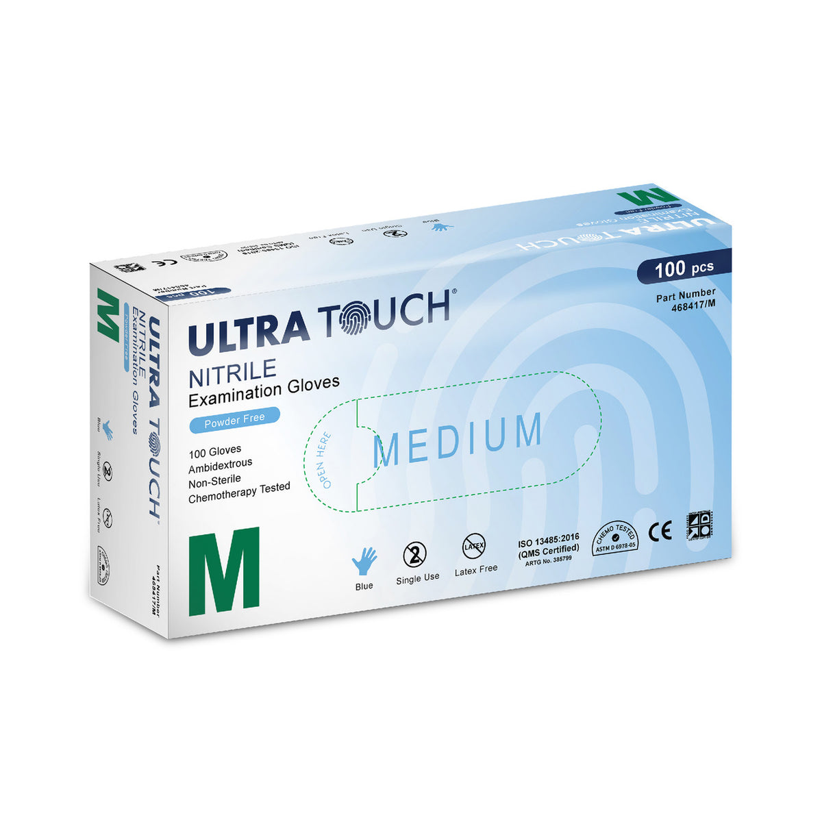 Ultra Touch Nitrile Medical Examination Gloves, Powder-Free, MEDIUM (468417/M) - 100 Pieces