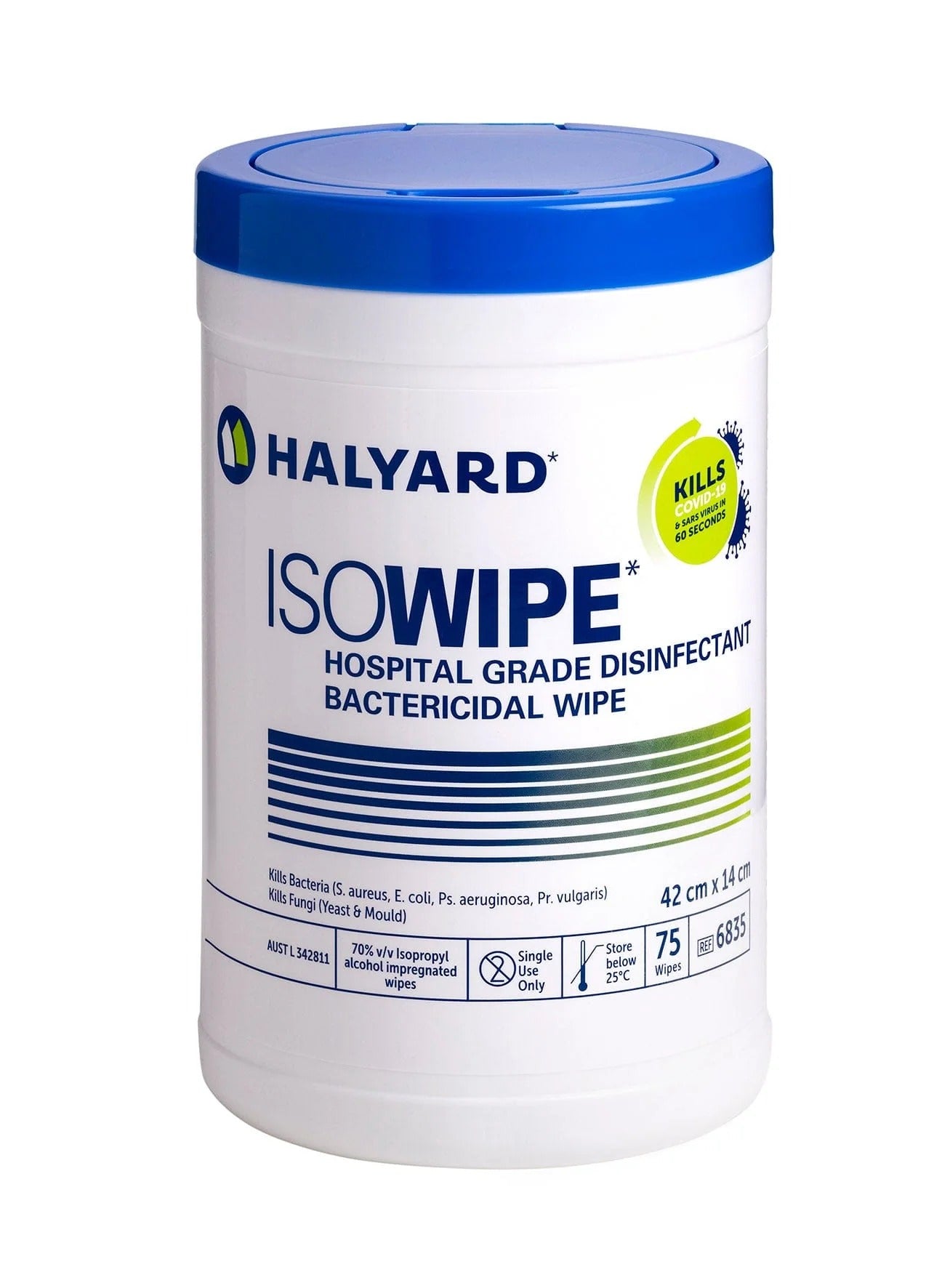 Halyard Isowipe Hospital Grade Alcohol Bactericidal Wipe 42x14cm, 75/Canister